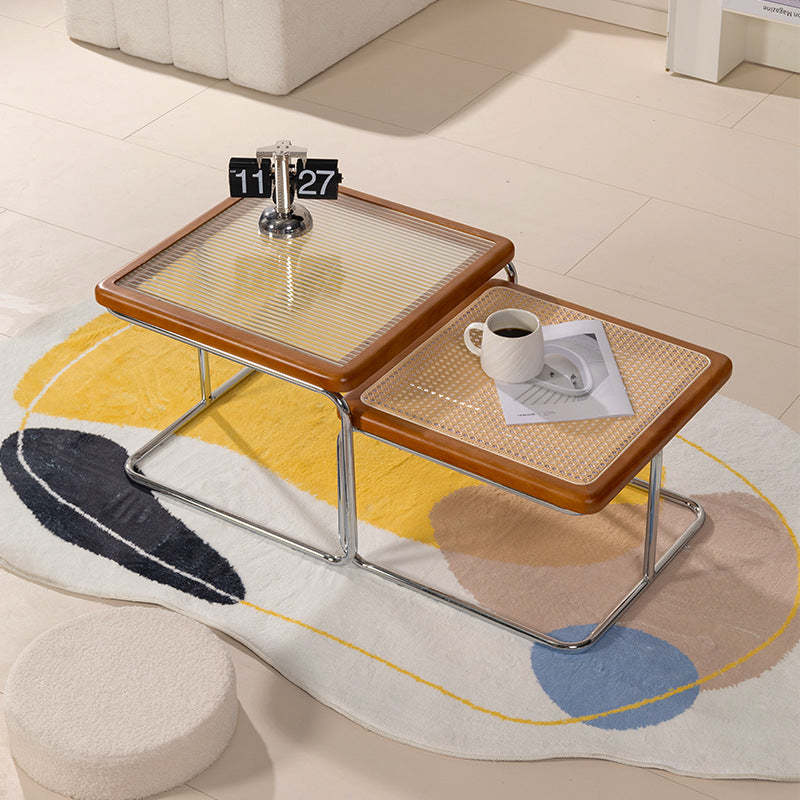 Retro Striped Glass Table — Small - Weaving / Cherry Wood Color