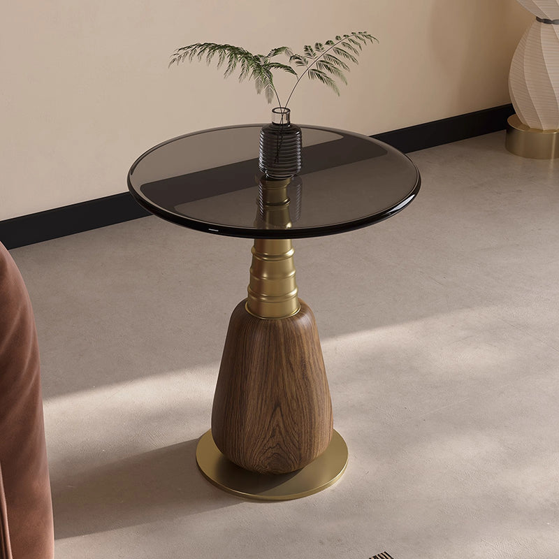 Tempered Glass Iron 1-Tray Table — Black + Gold + Walnut