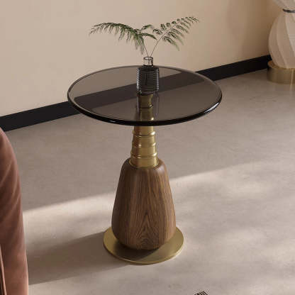 Tempered Glass Iron 1-Tray Table — Black + Gold + Walnut