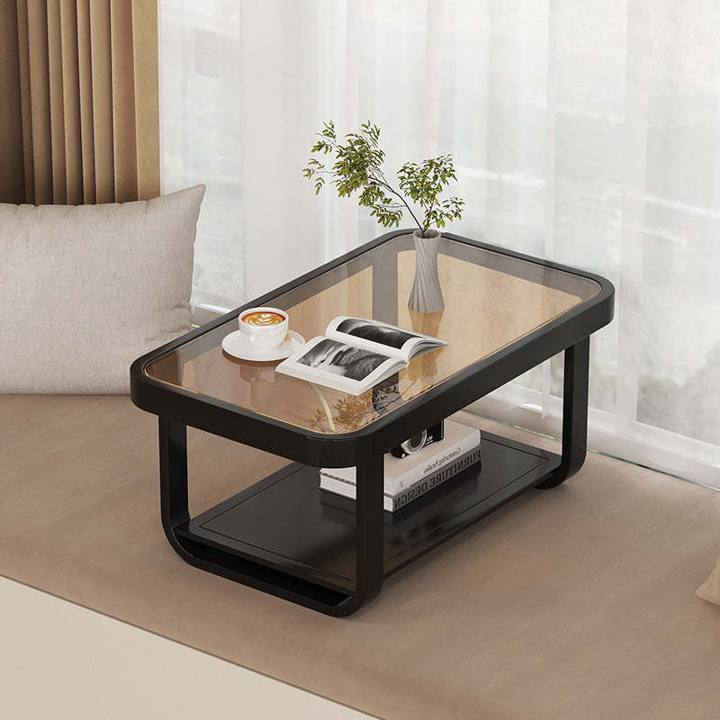 Minimalist Glass Metal Rectangular 2-Tier Coffee Table — Black / Striped Glass