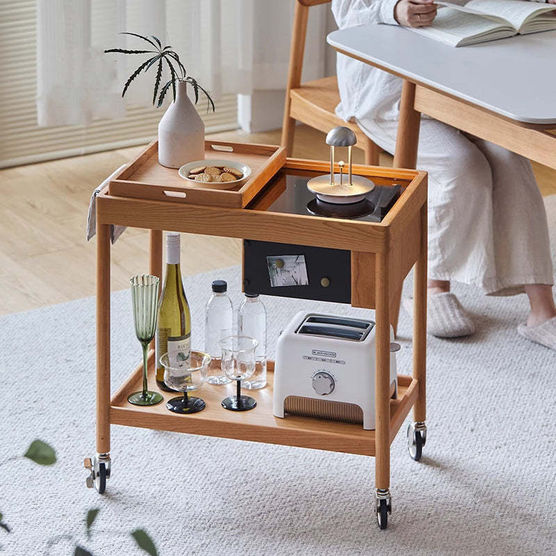 Nordic Cherry Wood Glass 2-Tier Movable End Table — Oak