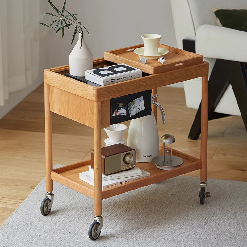 Nordic Cherry Wood Glass 2-Tier Movable End Table