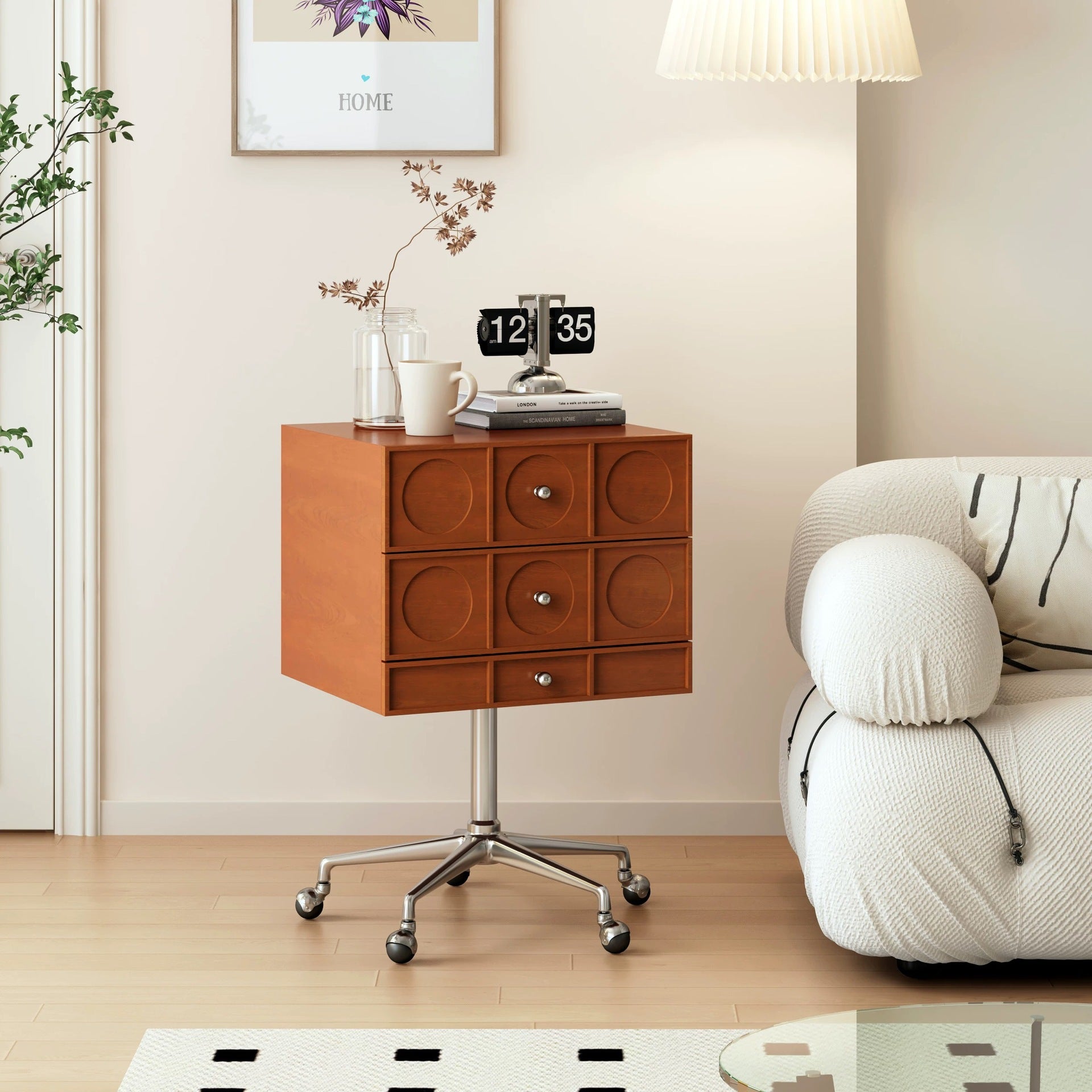 Retro Wood 3-Drawer Swivel Nightstand