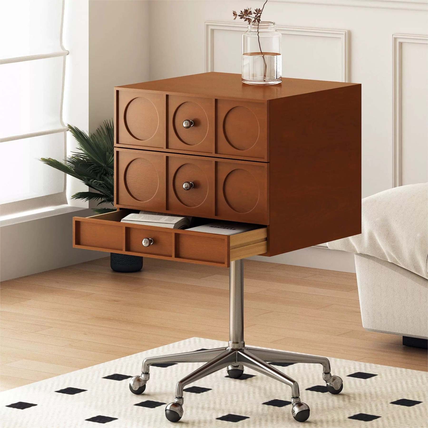 Retro Wood 3-Drawer Swivel Nightstand