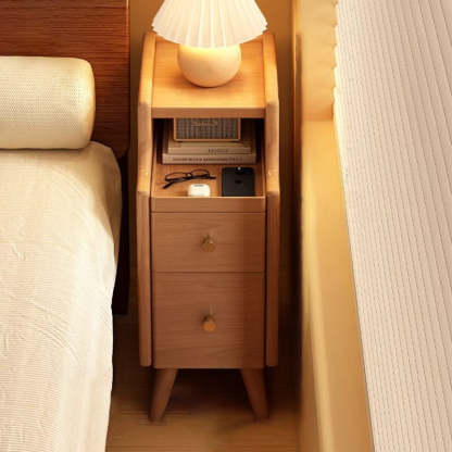 Nordic Rubber Wood Narrow 2-Drawer 1-Cabinet Nightstand — Walnut