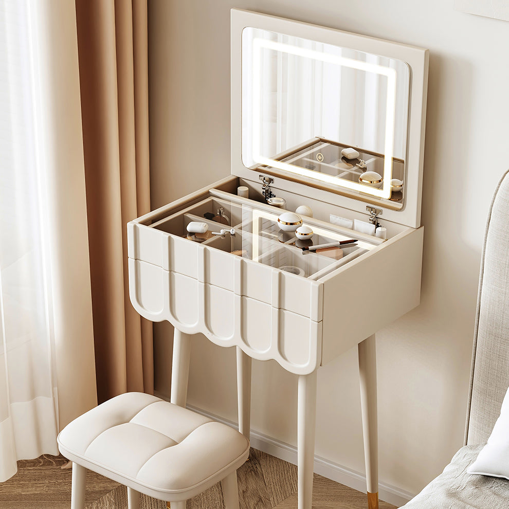 Modern Minimalist Eco-Board Metal Rectangular Arch Makeup Vanity & Stool Set With Flip Top LED Mirror & 2 Drawers For Bedroom