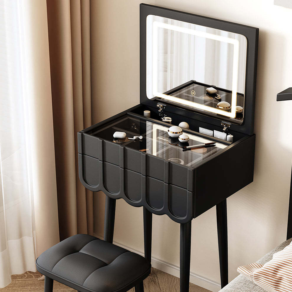 Modern Minimalist Eco-Board Metal Rectangular Arch Makeup Vanity & Stool Set With Flip Top LED Mirror & 2 Drawers For Bedroom