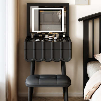Modern Minimalist Eco-Board Metal Rectangular Arch Makeup Vanity & Stool Set With Flip Top LED Mirror & 2 Drawers For Bedroom