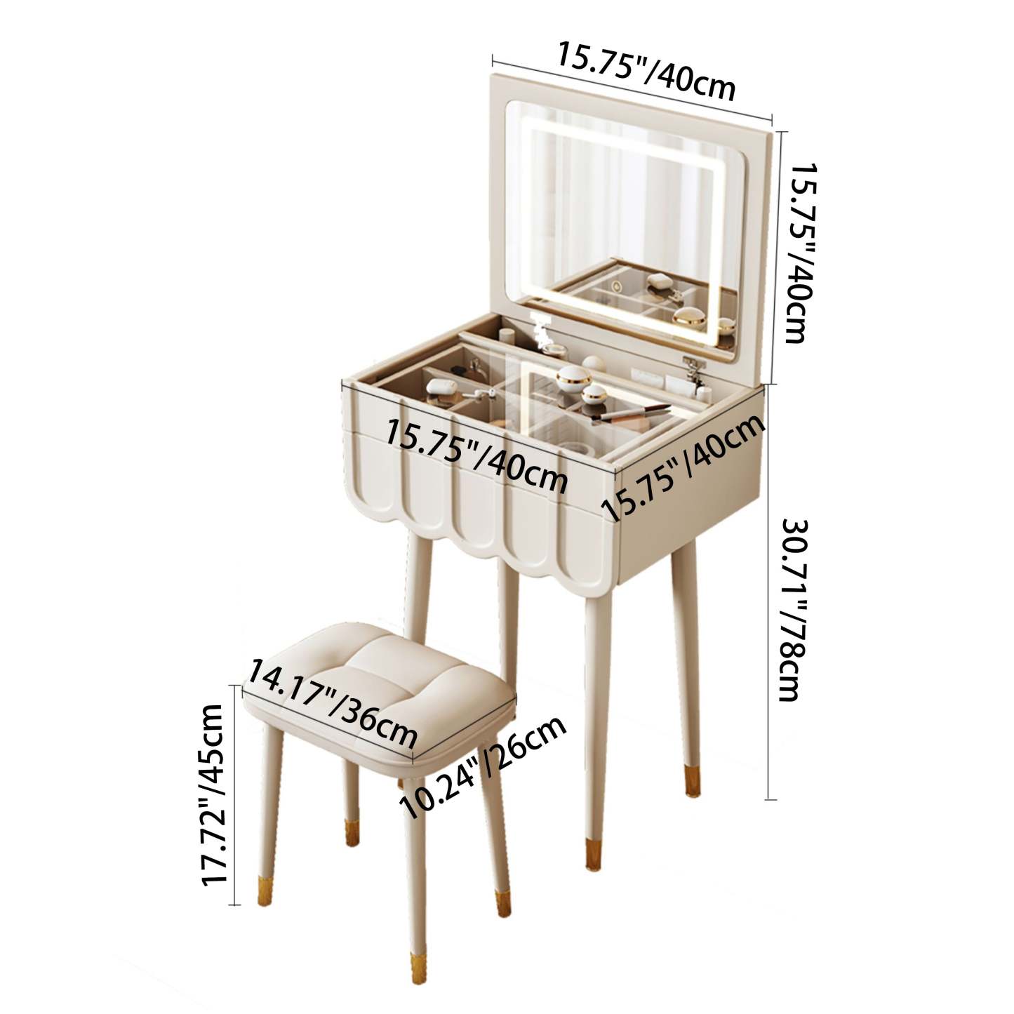 Modern Minimalist Eco-Board Metal Rectangular Arch Makeup Vanity & Stool Set With Flip Top LED Mirror & 2 Drawers For Bedroom