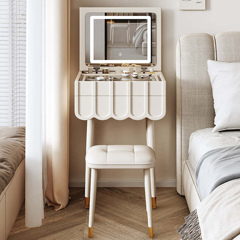 Modern Minimalist Eco-Board Metal Rectangular Arch Makeup Vanity & Stool Set With Flip Top LED Mirror & 2 Drawers For Bedroom