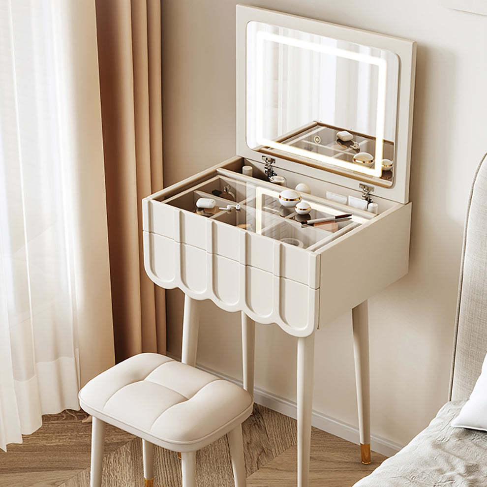 Modern Minimalist Eco-Board Metal Rectangular Arch Makeup Vanity & Stool Set With Flip Top LED Mirror & 2 Drawers For Bedroom