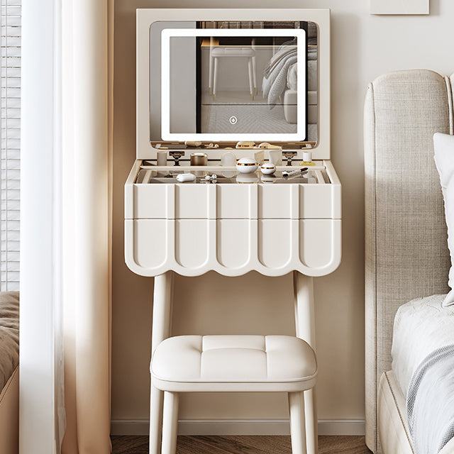 Modern Minimalist Eco-Board Metal Rectangular Arch Makeup Vanity & Stool Set With Flip Top LED Mirror & 2 Drawers For Bedroom