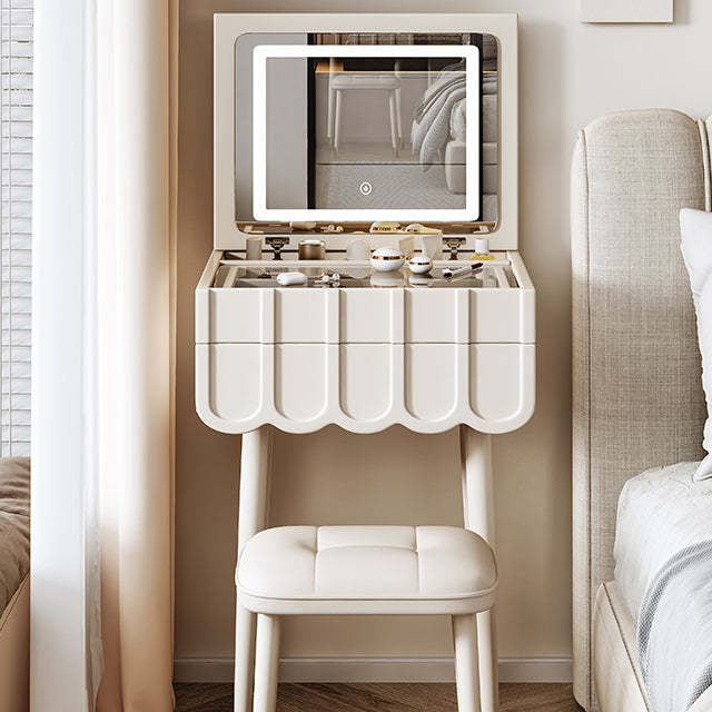 Modern Minimalist Eco-Board Metal Rectangular Arch Makeup Vanity & Stool Set With Flip Top LED Mirror & 2 Drawers For Bedroom