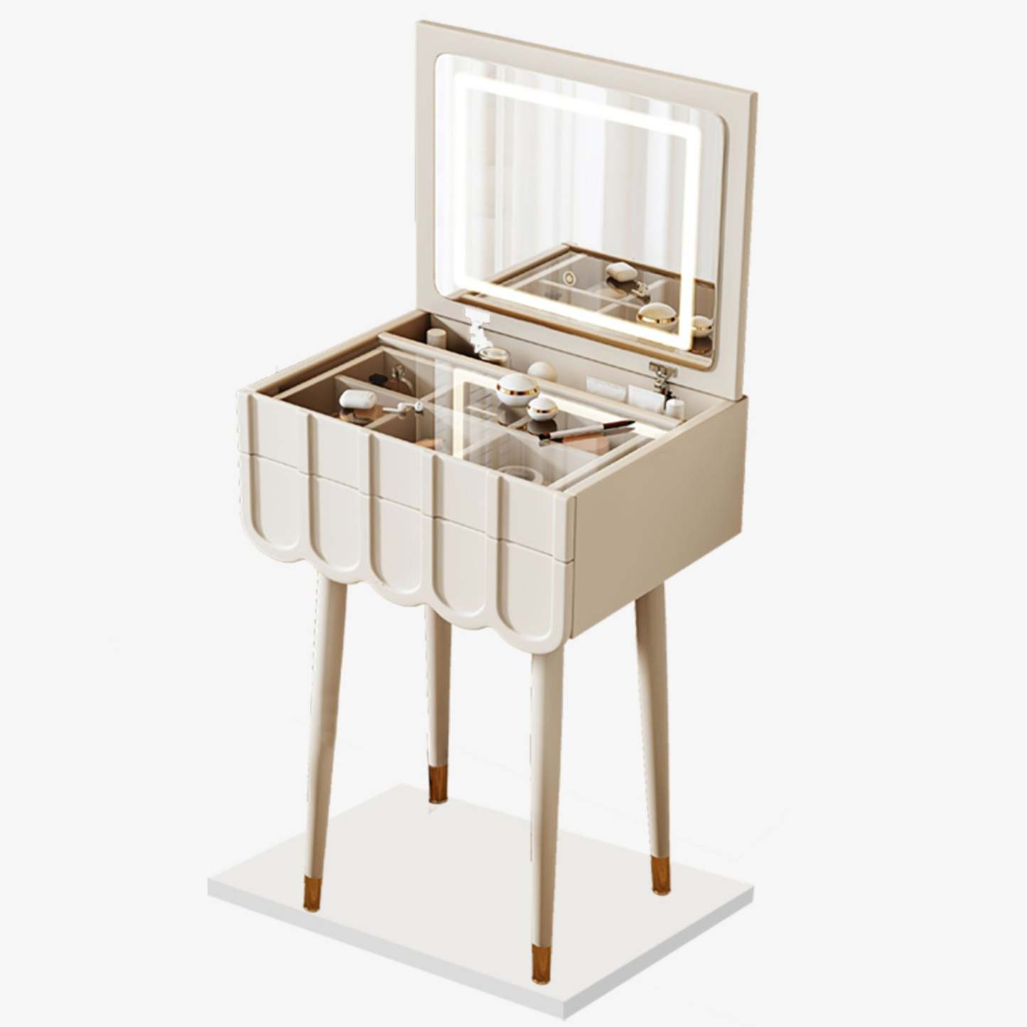 Modern Minimalist Eco-Board Metal Rectangular Arch Makeup Vanity & Stool Set With Flip Top LED Mirror & 2 Drawers For Bedroom