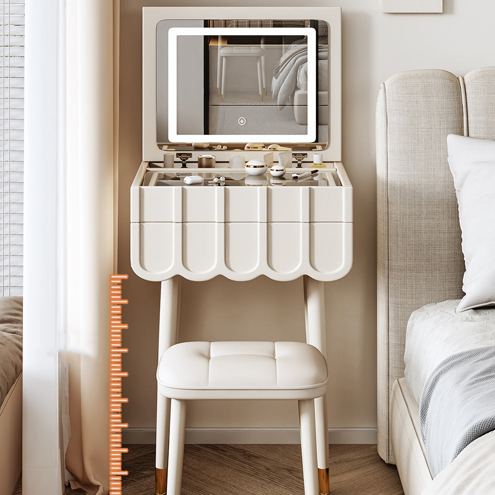 Modern Minimalist Eco-Board Metal Rectangular Arch Makeup Vanity & Stool Set With Flip Top LED Mirror & 2 Drawers For Bedroom