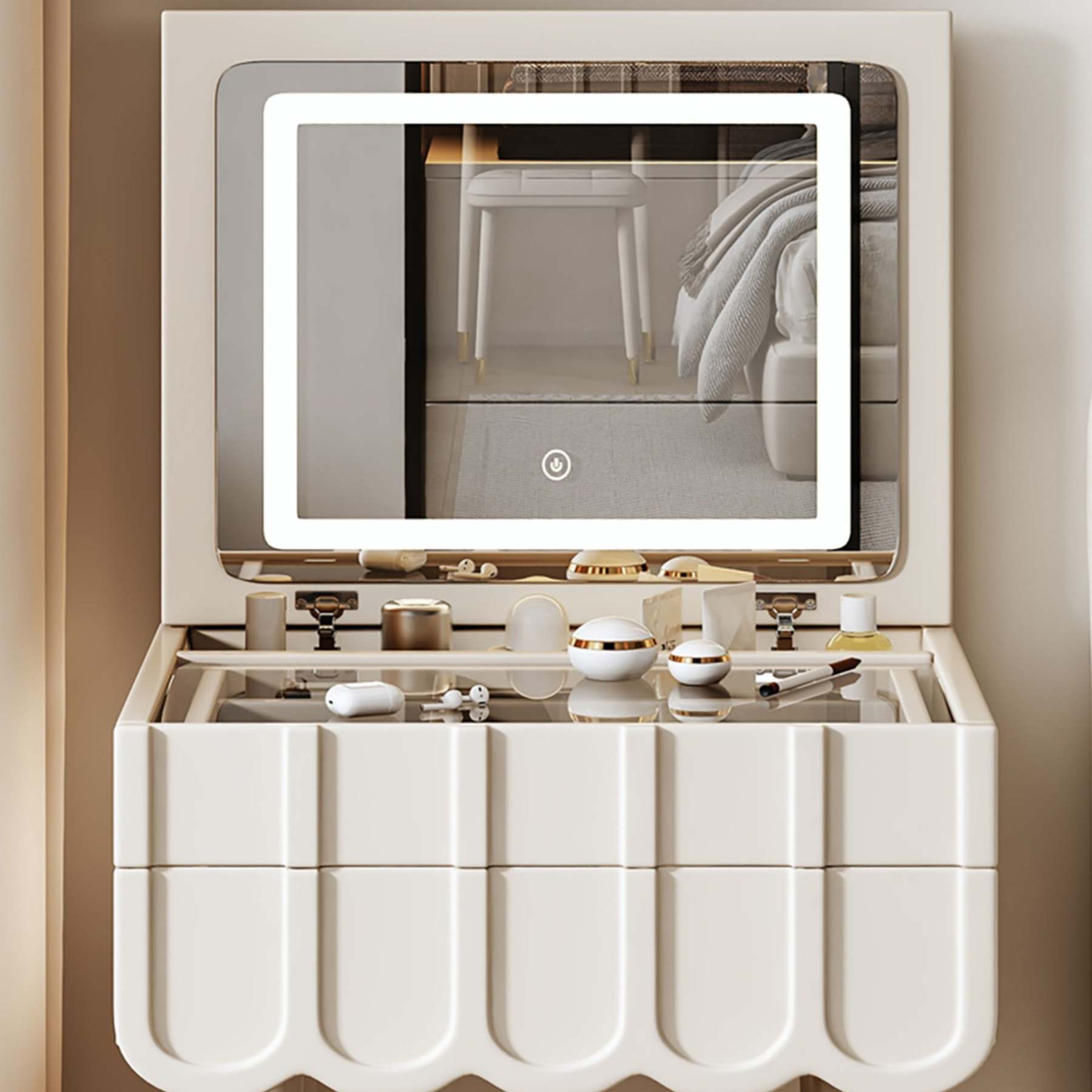 Modern Minimalist Eco-Board Metal Rectangular Arch Makeup Vanity & Stool Set With Flip Top LED Mirror & 2 Drawers For Bedroom