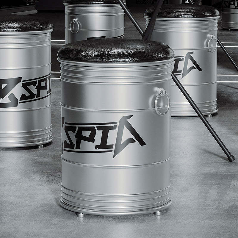Black leather iron drum coffee tables - contemporary