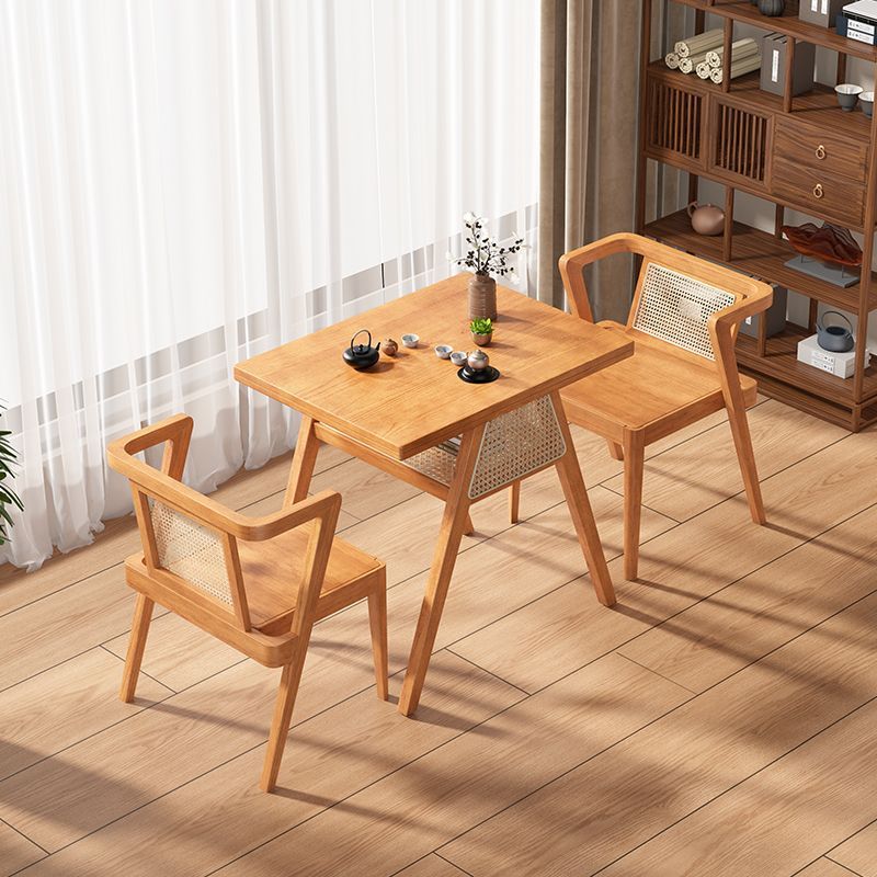 Japanese Rattan Rubber Wood Square Storage Coffee Table — Coffee Table + 2 Chairs / Wood Color