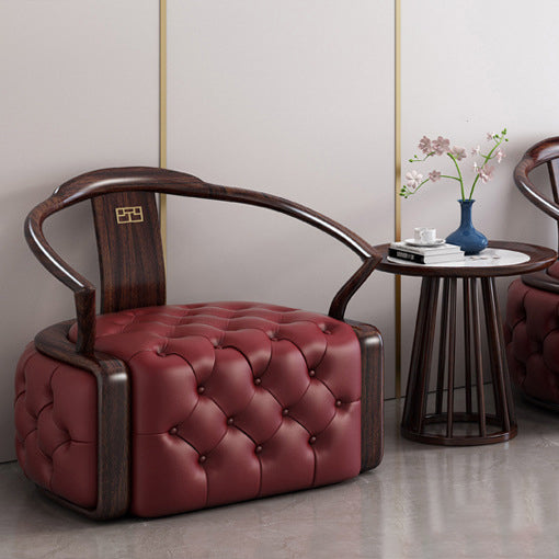 Chinese Ebonized Wood Leather Accent Chair Set