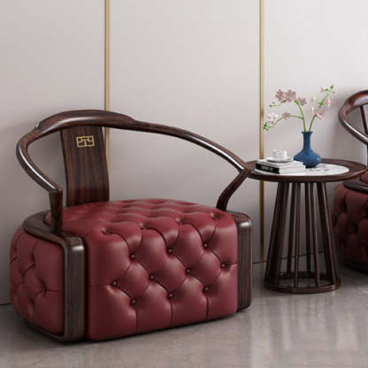 Chinese Ebonized Wood Leather Accent Chair Set