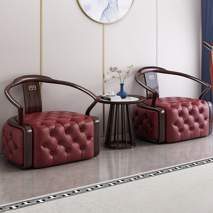 Chinese Ebonized Wood Leather Accent Chair Set — 1 Accent Chair + Table Set
