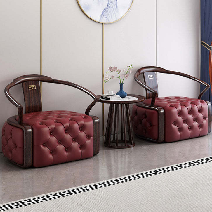 Chinese Ebonized Wood Leather Accent Chair Set — 1 Accent Chair + Table Set