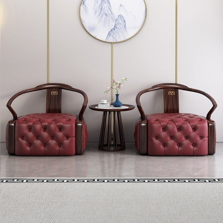 Chinese Ebonized Wood Leather Accent Chair Set — 1 Accent Chair