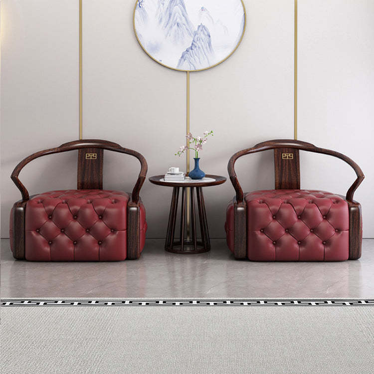Chinese Ebonized Wood Leather Accent Chair Set — 1 Accent Chair