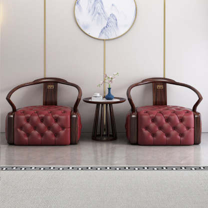 Chinese Ebonized Wood Leather Accent Chair Set — 1 Accent Chair