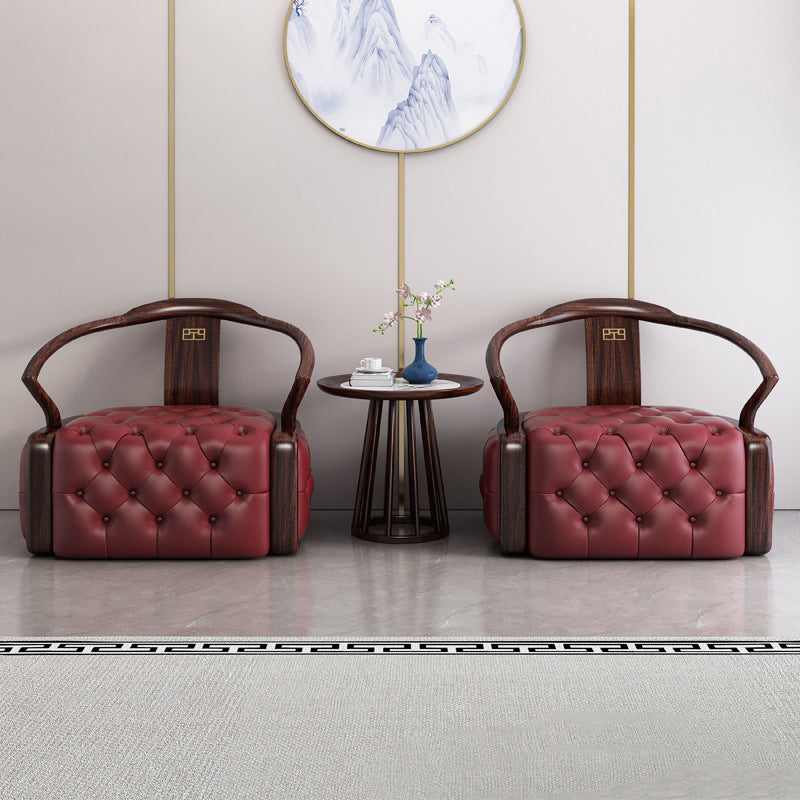Chinese Ebonized Wood Leather Accent Chair Set