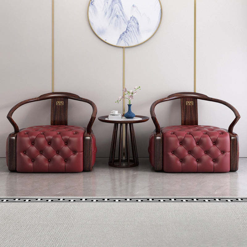 Chinese Ebonized Wood Leather Accent Chair Set