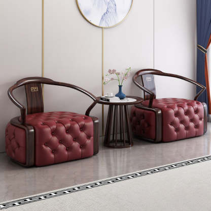 Chinese Ebonized Wood Leather Accent Chair Set