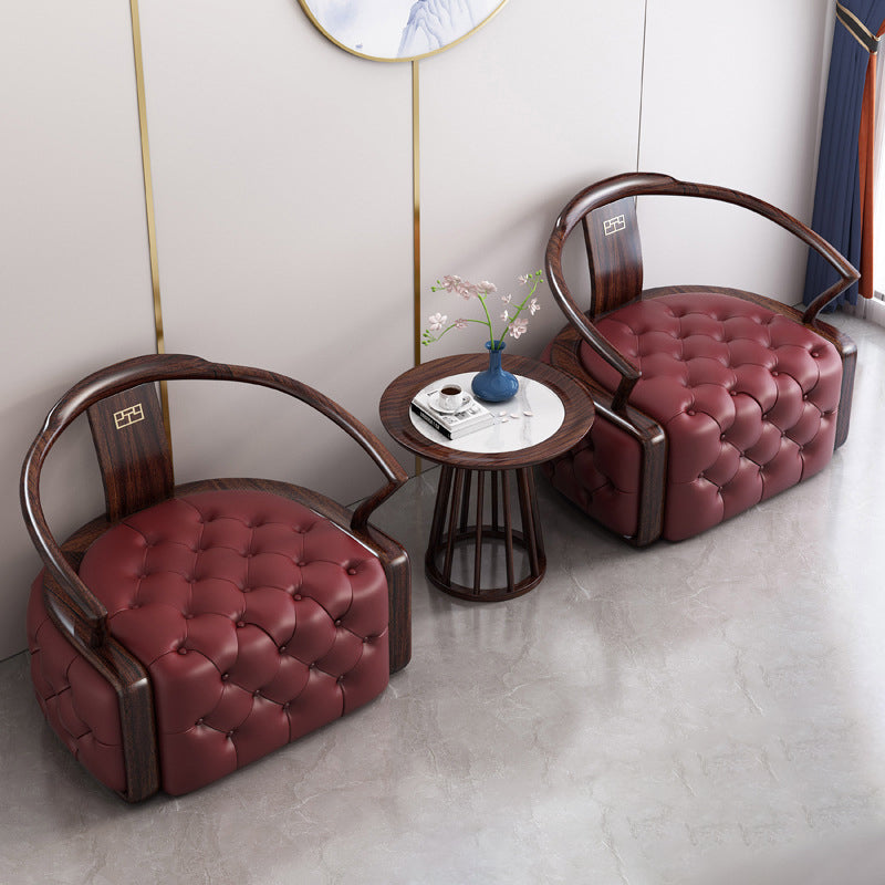 Chinese Ebonized Wood Leather Accent Chair Set