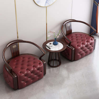Chinese Ebonized Wood Leather Accent Chair Set