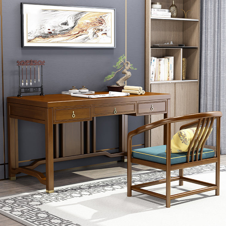 Chinese Rubberwood Brass Vertical Beam Desk 3-Drawer
