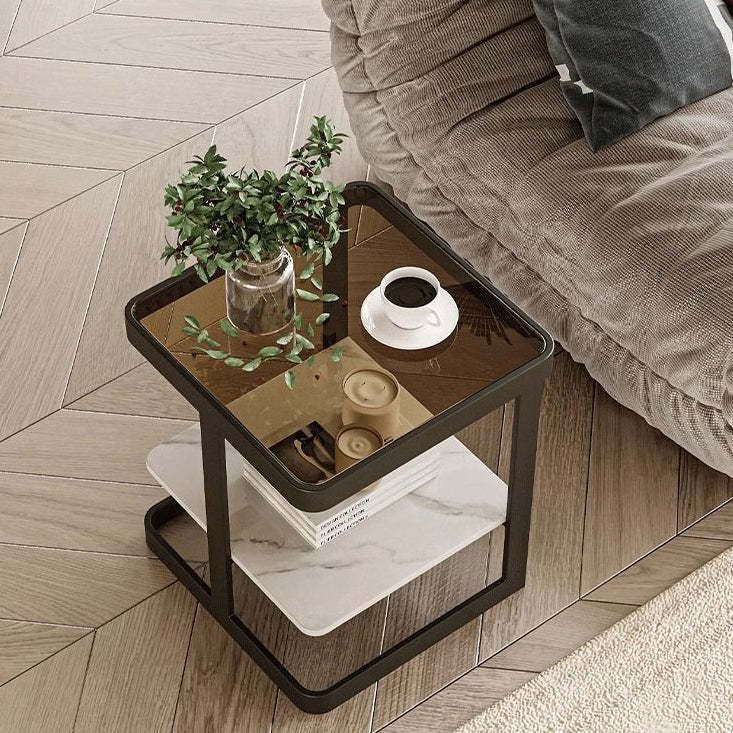 Minimalist Iron Glass Rock Slab 2-Tier End Table