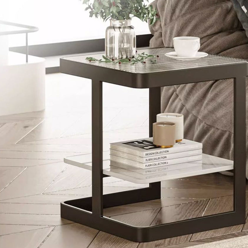 Minimalist Iron Glass Rock Slab 2-Tier End Table
