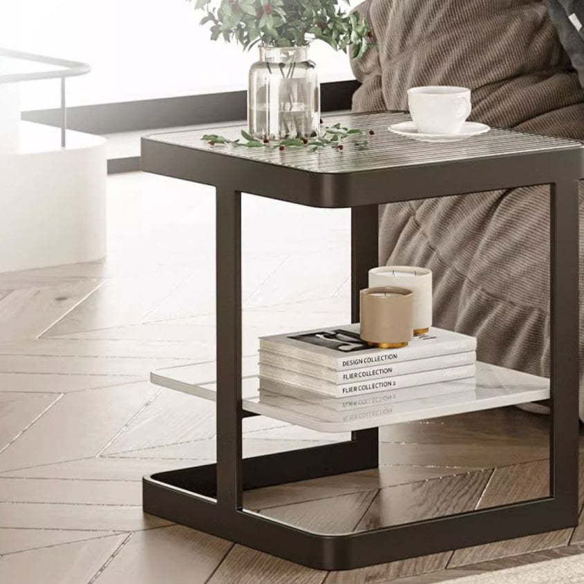 Minimalist Iron Glass Rock Slab 2-Tier End Table