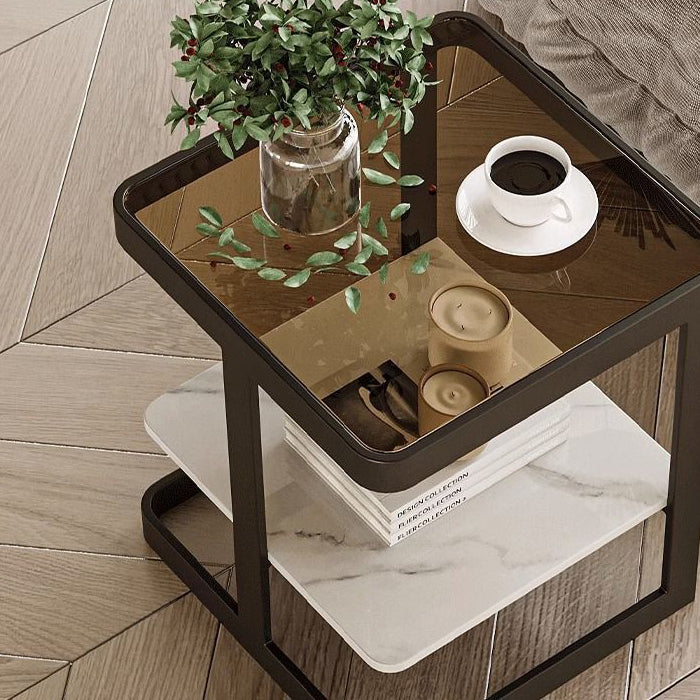 Minimalist Iron Glass Rock Slab 2-Tier End Table