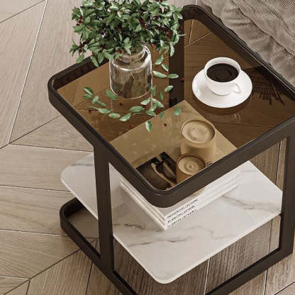 Minimalist Iron Glass Rock Slab 2-Tier End Table