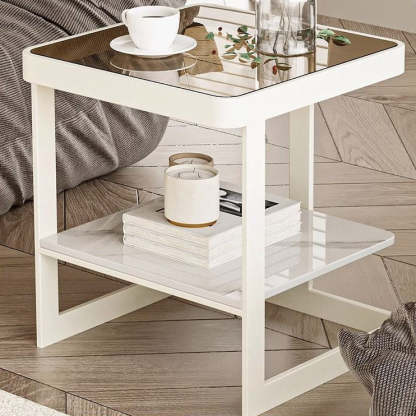 Minimalist Iron Glass Rock Slab 2-Tier End Table