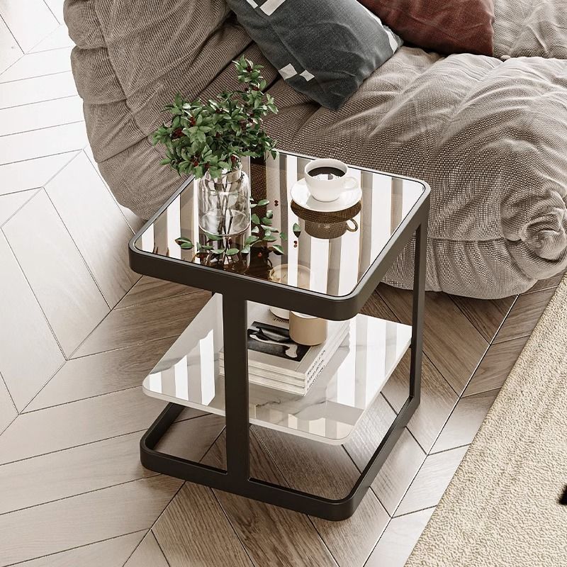 Minimalist Iron Glass Rock Slab 2-Tier End Table — Black Frame + Teal Glass