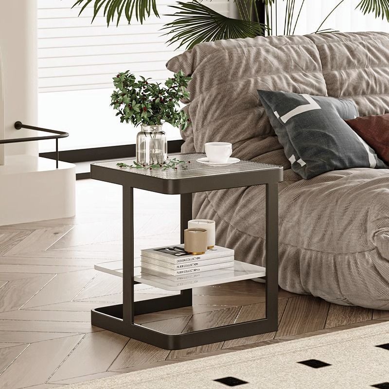 Minimalist Iron Glass Rock Slab 2-Tier End Table — White Frame + Teal Glass