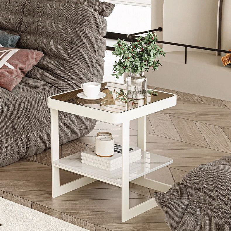 Minimalist Iron Glass Rock Slab 2-Tier End Table — White Frame + Striped Glass