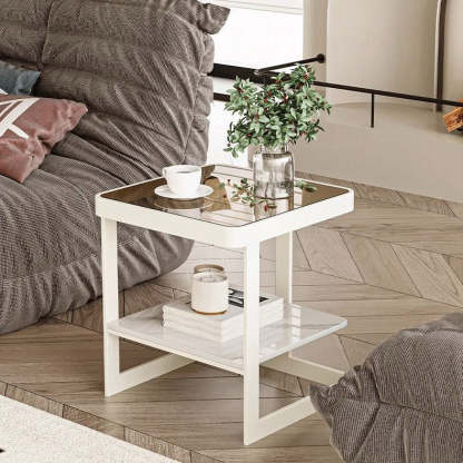 Minimalist Iron Glass Rock Slab 2-Tier End Table — White Frame + Striped Glass