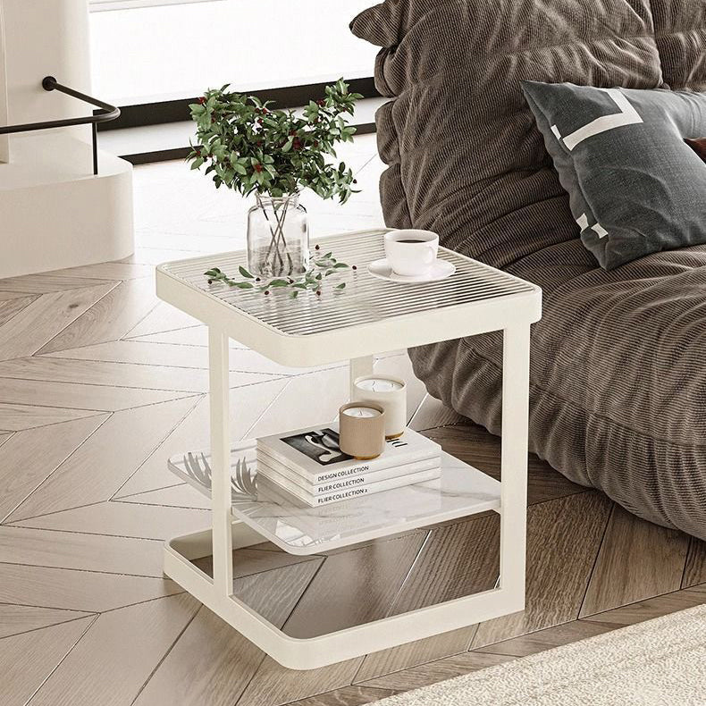 Minimalist Iron Glass Rock Slab 2-Tier End Table