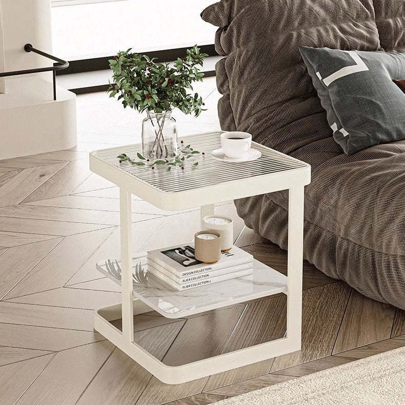 Minimalist Iron Glass Rock Slab 2-Tier End Table