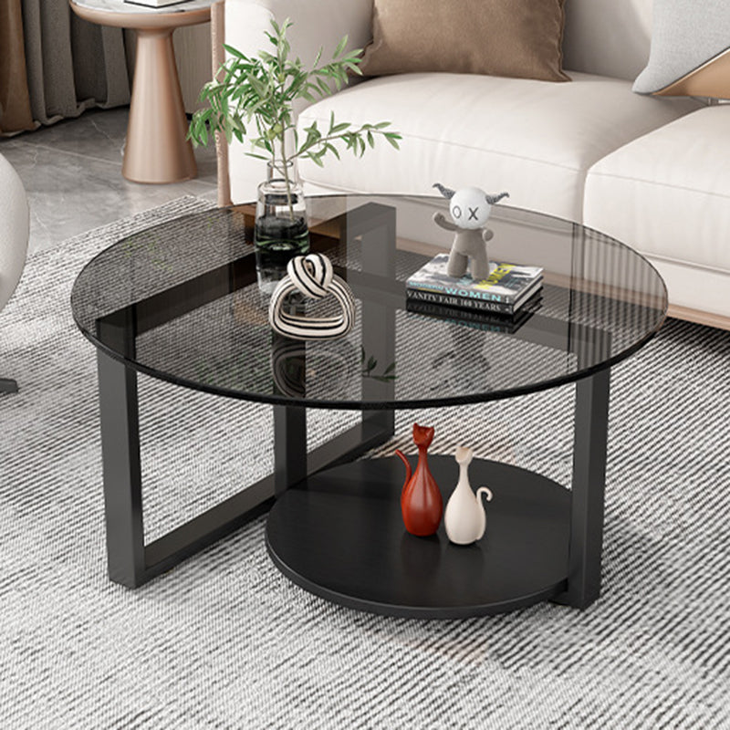 Minimalist Iron Frame Glass Coffee Table 2-Tier — Brown