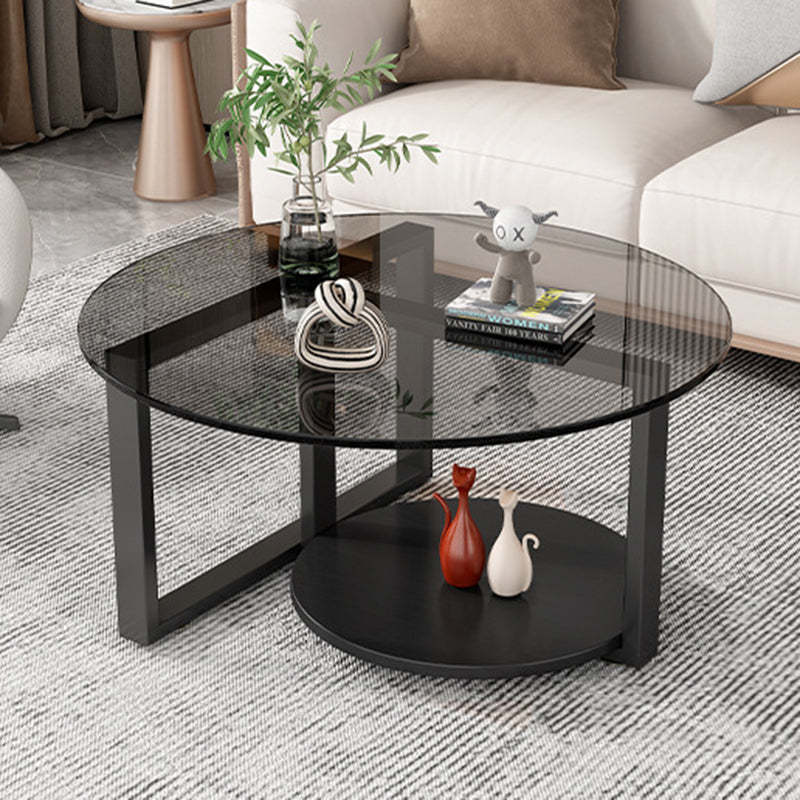 Minimalist Iron Frame Glass Coffee Table 2-Tier — Brown