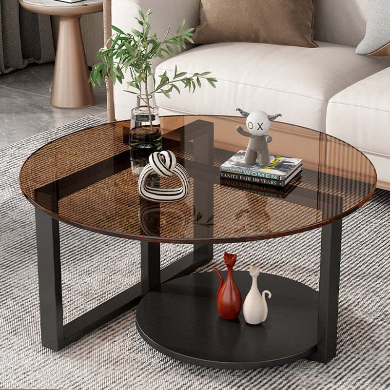 Minimalist Iron Frame Glass Coffee Table 2-Tier — Black